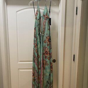 Tricia Fix Dress Womens Medium Green Floral Boho Maxi Halter Open Back Beach